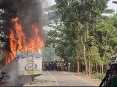 Two killed in road accident; angry protesters set fire to buses in Bhola