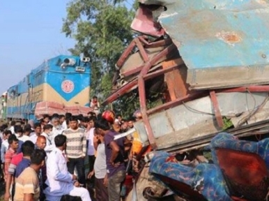 Two killed as bus collides with train in Gazipur