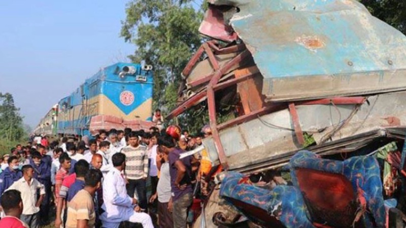 Two killed as bus collides with train in Gazipur