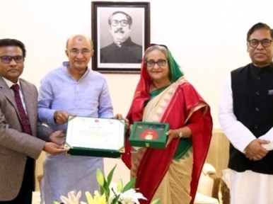 Nasrul Hamid accepts Power Division's Independence Award from PM Hasina