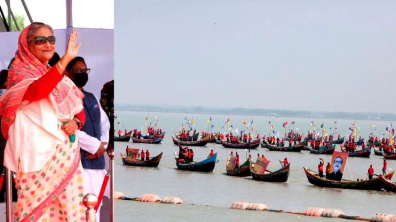 Prime Minister Hasina welcomed by 220 boats in Payra