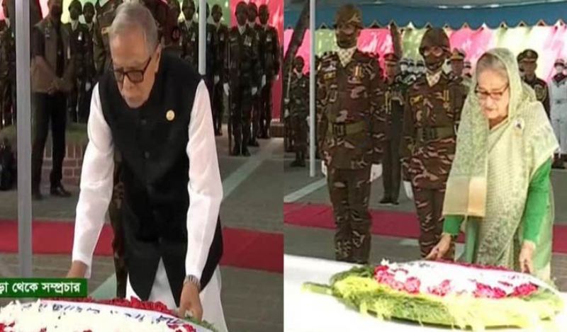 President Hamid and Prime Minister Hasina pay respect at Bangabandhu's mausoleum in Tungipara