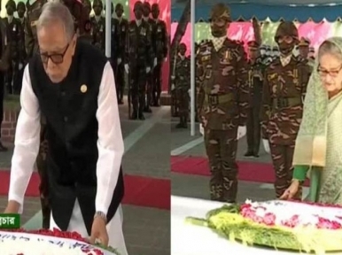 President Hamid and Prime Minister Hasina pay respect at Bangabandhu's mausoleum in Tungipara